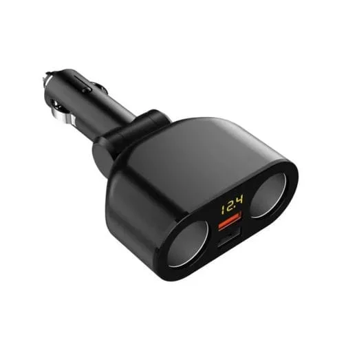 2 Encendedores De Cigarrillos + 2 Puertos Usb Cargador De Coche Multifunción Con Pantalla Digital (Negro)