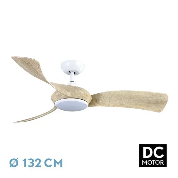 ABRILA – Ventilador DC CERDEÑA | Color Blanco con tres Aspas en Color Haya | Ventilador 6 Velocidades Ajustables | con 3 Temperaturas de Luz | Mando a Distancia Incluido | Ideal para Grandes Espacios