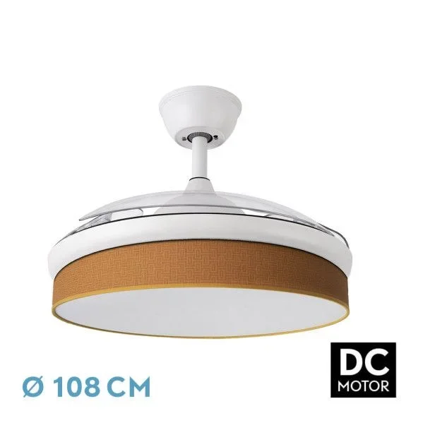 Abrila – Ventilador DC MODA | Color Blanco con tres Aspas Desplegables ABS y Difusor Naranja | 6 Velocidades Ajustables | 3 Temperaturas de Luz | con Temporizador y Mando a Distancia Incluido