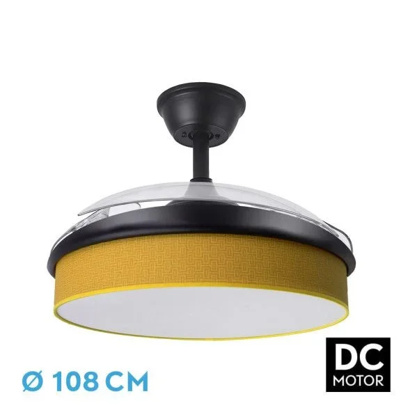 Abrila – Ventilador DC MODA | Color Negro con tres Aspas Desplegables ABS y Difusor Amarillo | 6 Velocidades Ajustables | 3 Temperaturas de Luz | con Temporizador y Mando a Distancia Incluido