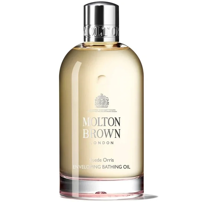 Aceite hidratante para baño Molton Brown Suede Orris aroma sofisticado y suave textura nutritiva ideal para piel seca y delicada formato 200 ml