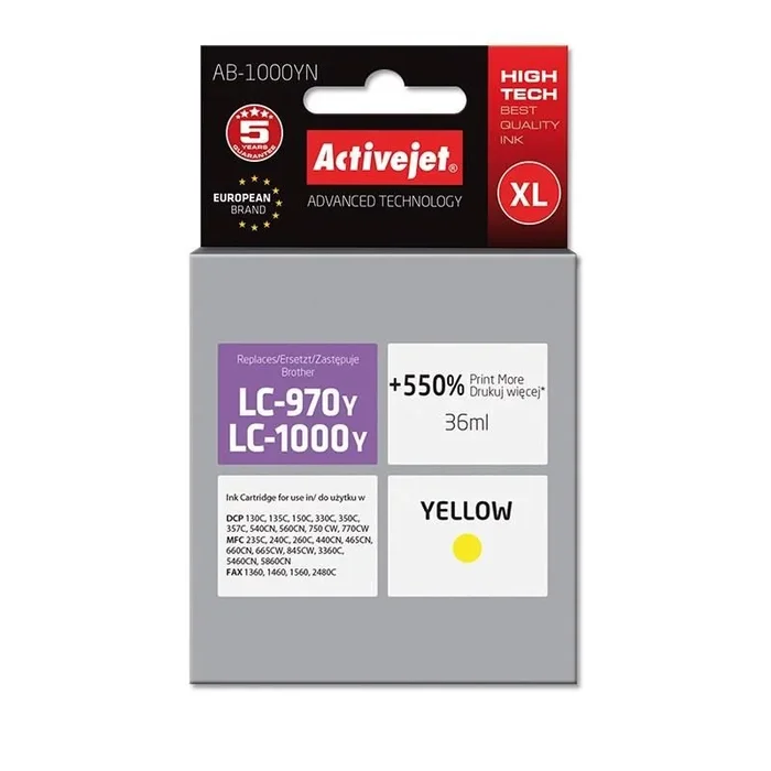 ActiveJet ABR-1000Y Cartucho de Tinta Amarillo 1 Pieza(s) – Cartucho de Tinta para impresoras (Tinta a Base de pigmentos, Amarillo, Brother DCP 130C