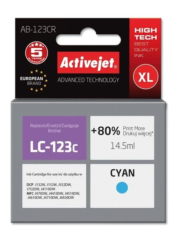 Activejet Tinta AB-123CR (reemplazo de Brother LC123C/121C; Premium; 14,5 ml; azul)