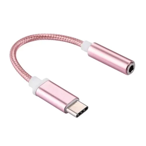 Adaptador de Audio Usb-C a Jack 3,5 mm Macho a Hembra Textura Tejido (Oro Rosa) 10 cm