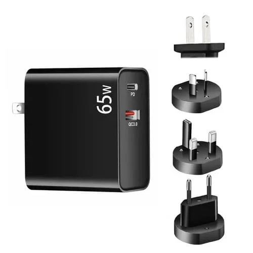 Adaptador de carga laptop Pd-65W Usb-C Tipo-C Qc3.0 con plug AU US EU UK (Negro)