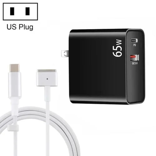 Adaptador de carga portátil Pd-65W Usb-C Tipo-C + Qc3.0 con cable 1.8M Usb-C a Magsafe 2 (Negro)