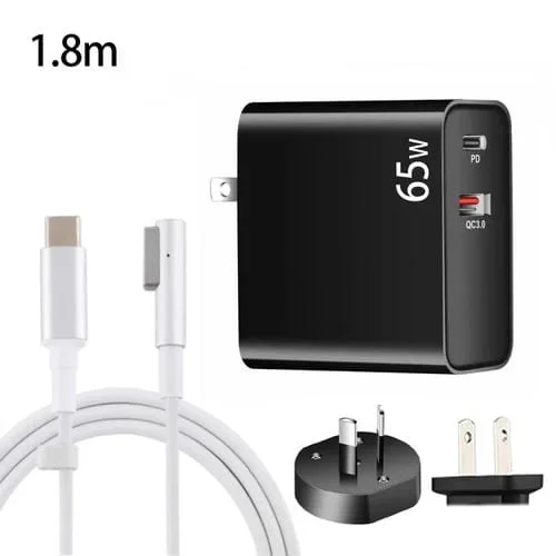 Adaptador de carga portátil Pd-65W Usb-C Tipo-C + QC3.0 con cable 1.8M Usb-C a Magsafe (Negro)