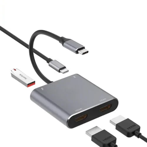 Adaptador Hub 4 en 1 Tipo C a Doble HDMI, USB y Tipo-C