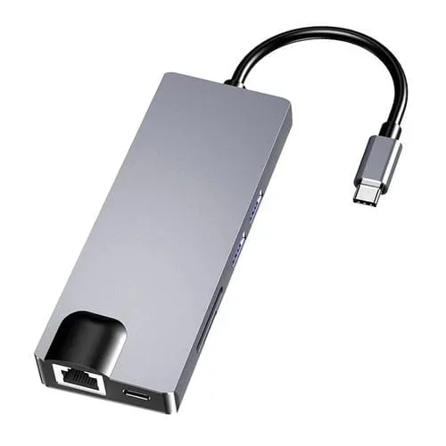 Adaptador Hub 8 en 1 Hw-Tc12 Tipo-C USB-C Multifuncional Lector Tarjetas HDMI VGA Tarjeta de Red