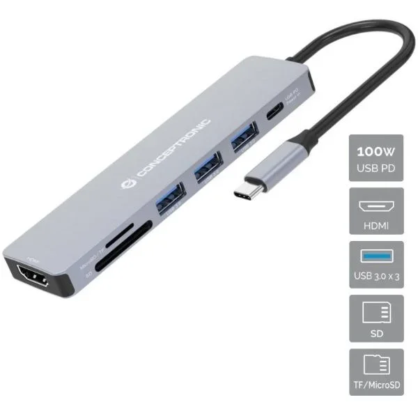 Adaptador usb-c 7in1 conceptronic hdmi usb-a 3.0×3 usb-c pd 100w lector sd/microsd donn19g