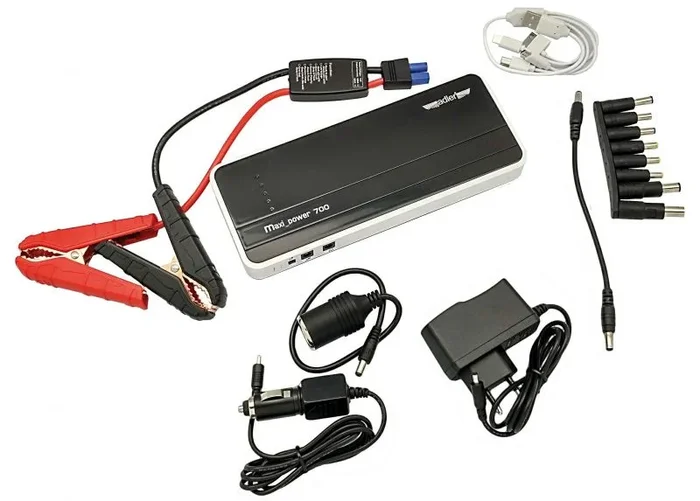 Adler Arrancador multifuncional Power Bank Maxi Power-700, herramienta portátil para arranque de emergencia y carga de dispositivos, pantalla digital, protección avanzada, diseño compacto.