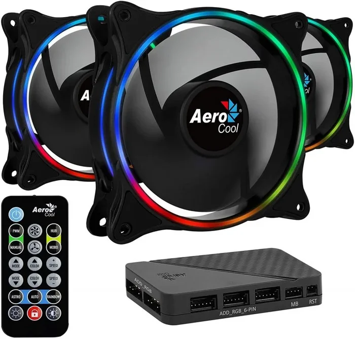 Aerocool Eclipse 12 Pro Bundle – 3 x ARGB fans 120mm, 1 x H66F HUB, Remote Control, RGB LED Dual Slim Ring Lighting, Includes 6-pin connector, Curved blades and Anti-Vibration Pads, PC Fan, Black