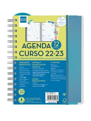 Agenda escolar 2022-2023 magistral 1/4 semana vista horizontal personalizable azul finocam 533380023