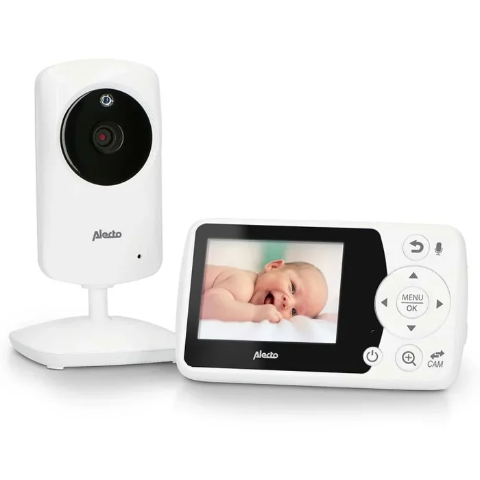 Alecto Moniteur vidéo DVM-64 – Babyphone Avec caméra – Rotation et inclinaison manuelle – Avec Vision Nocturne – Portée de 300 mètres – Fonction interphone – Chiffré – Extensible – Blanc
