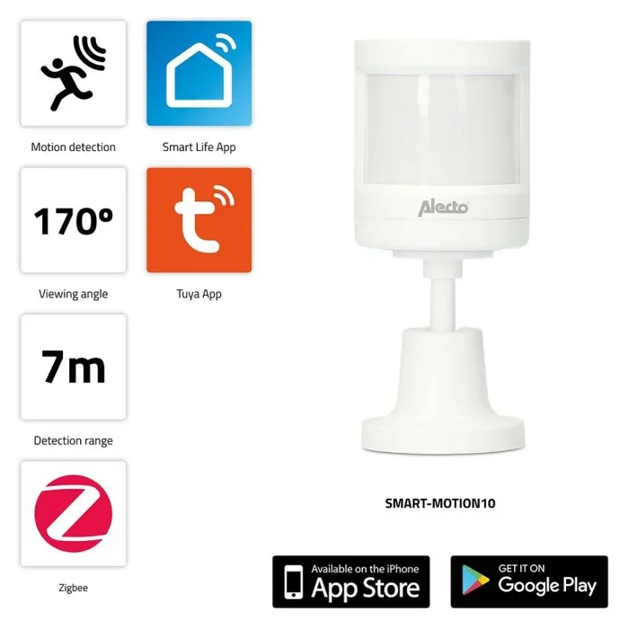 Alecto SMART-MOTION10 Zigbee Sensor de movimiento inteligente para uso en interiores – Alcance de hasta 7 m – Ángulo de visión de 120° – Blanco