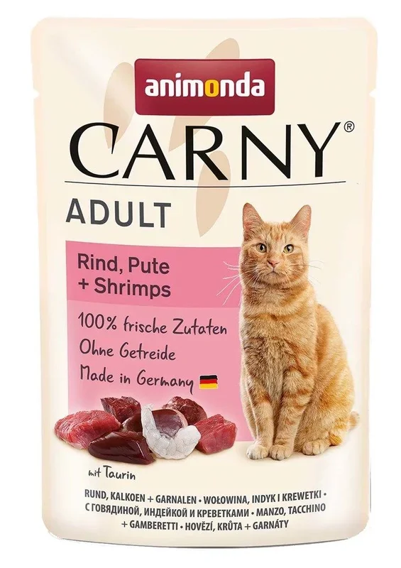 animonda Carny Alimento húmedo para Gatos Adultos, Bolsa Fresca, Vaca, Pavo + camarones, 12 x 85 g