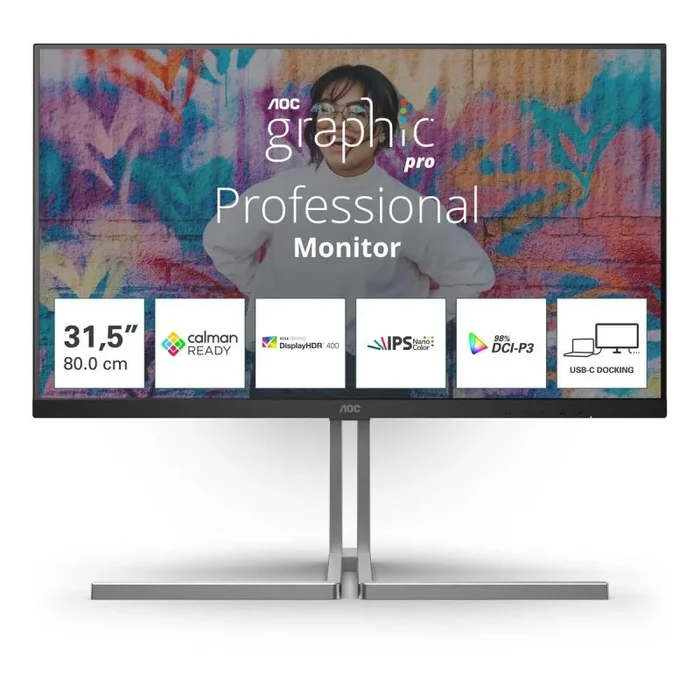 AOC U32U3CV Graphic Pro – Monitor UHD Nano IPS de 32 Pulgadas, Altura Regulable, Altavoces, HDR400 (3840×2160, 60 Hz, 4K, 2X HDMI, DisplayPort, USB-C (96W PD), USB Hub) Negro
