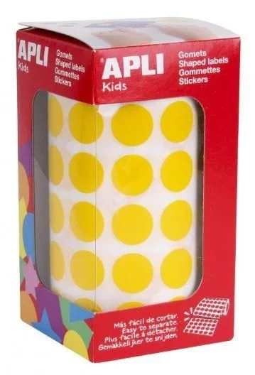 APLI Kids 4855 – Gomets autoadhesivos circulares 15 mm amarillo en rollo con 2832 pegatinas