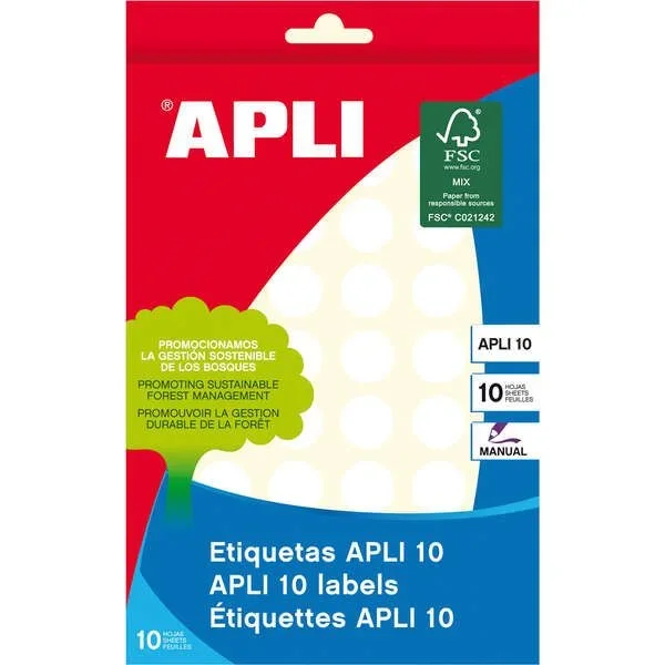 Apli pack de 540 etiquetas redondas ø 16mm – 10 hojas por 54 etiquetas – adhesivo permanente – color blanco