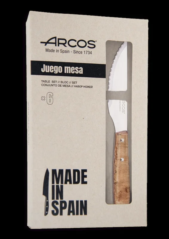 Arcos Juego de cuchillos chuleteros de madera de chopo comprimida tinte rojo y hoja de Acero Inoxidable NITRUM® y 22 cm de longitud total