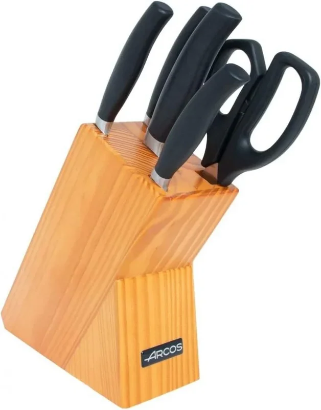 Arcos Serie Clara – Juego 4 Cuchillos de Cocina (Mondador + Chef + Panero + Jamonero) + 1 Tijeras – Acero Inoxidable Forjado NITRUM – Mango Inyectado de Polipropileno – Color Negro