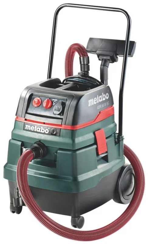 Aspirador industrial seco y húmedo Metabo ASR 50 M SC, ideal para obras y talleres, potente motor de 1400 W, gran capacidad de 50 L, colores negro, verde y plata