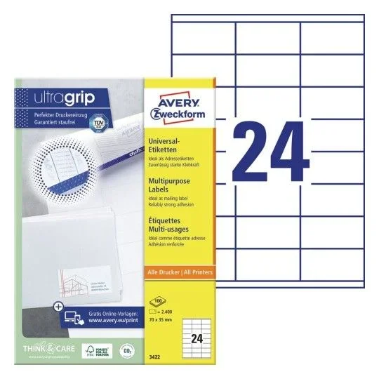 Avery 3422 etiqueta autoadhesiva Rectángulo Permanente Blanco 2400 pieza(s)