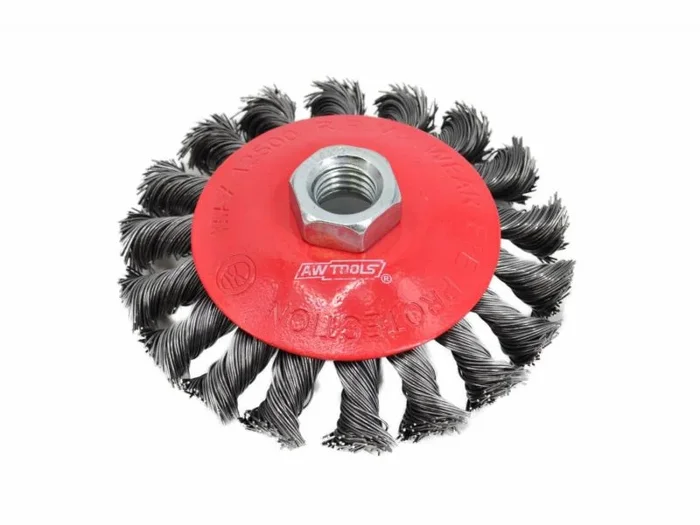 Awtools, Cepillo cónico trenzado 115 mm, herramienta de limpieza, ideal para eliminar óxido y pintura, alambre trenzado, rosca M14, para trabajos industriales, color metálico.