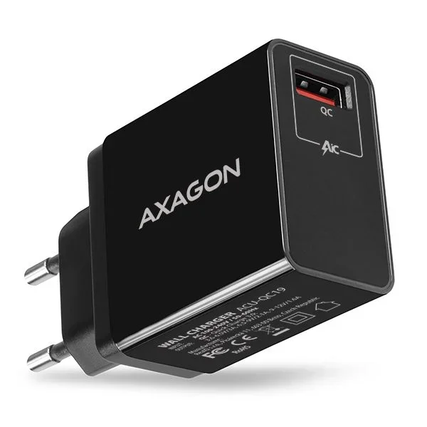 Axagon ACU-QC19 cargador de dispositivo móvil Teléfono móvil, Batería portátil, Smartphone, Tableta, Universal Negro Corriente alterna Carga rápida Interior