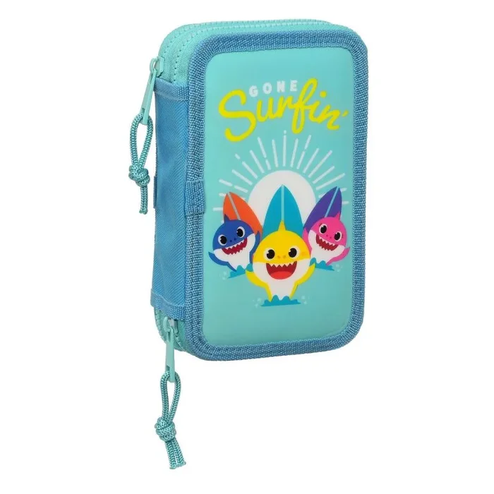 BABY SHARK SURFING – Estuche Escolar Niño, Estuche con Color es, con 28 Útiles Incluidos, Ideal para Niños de 5 a 14 Años, Cómodo y Versátil, Calidad y Resistencia, 12.5x4x19.5 cm, Color Azul y Blanco