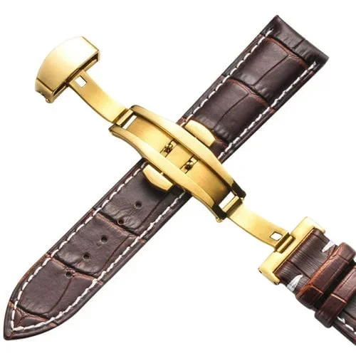 Banda de Reloj de Cuero 22mm Hebilla de Mariposa con Líneas Blancas (Marrón)