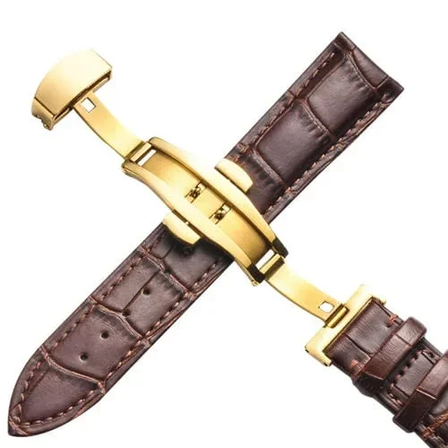 Banda de Reloj de Cuero de Vaca 16mm con Hebilla de Mariposa (Marrón)