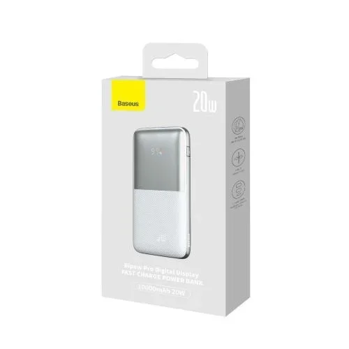 Baseus power bank bipow pro with digital display, fast charge, c+u+u (with usb-a to type-c, 3a, 0.3m cable) 20w, 10000 mah, white (ppbd040102)