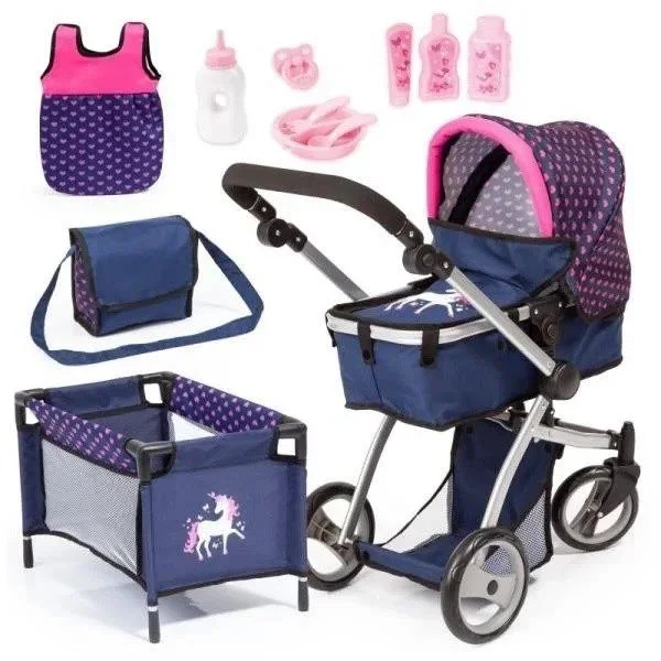 Bayer Design Set de Cochecito para muñecas Grandes, Carrito para muñeca Combi Milano, Altura Ajustable, Mega Set con Muchos Accesorios, Cuna de Viaje, Bolso de Bandolera y Mucho más