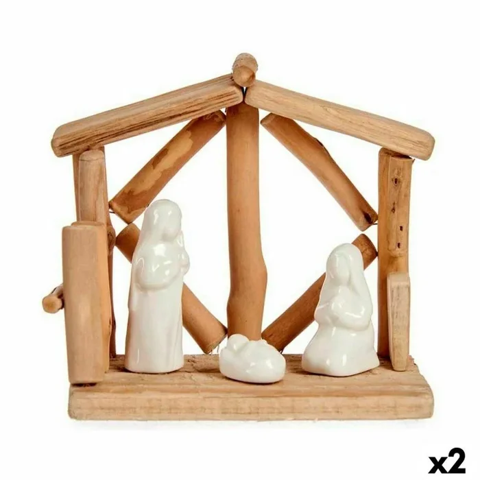 Belén de navidad blanco natural madera cerámica 17 x 14,5 x 8 cm (2 unidades)