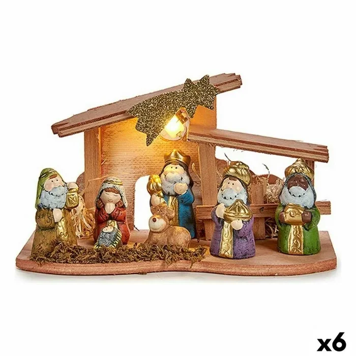 Belén de navidad luz led multicolor madera cerámica 26 x 14 x 12 cm (6 unidades)