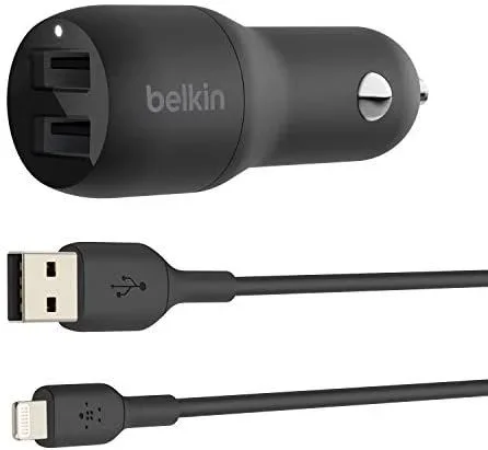 Belkin Cargador para Coche Doble USB de 24 W + Cable Lightning Boost Charge (2 Puertos USB, para iPhone 14/14 Plus, 14 Pro, 14 Pro Max, 13, 12 y Modelos Anteriores además de iPad y AirPods)