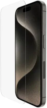 Belkin protector de pantalla ScreenForce TemperedGlass con revestimiento para iPhone 15 Pro, claridad y nitidez cristalinas, antiarañazos, bandeja de alineación fácil para aplicación sin burbujas