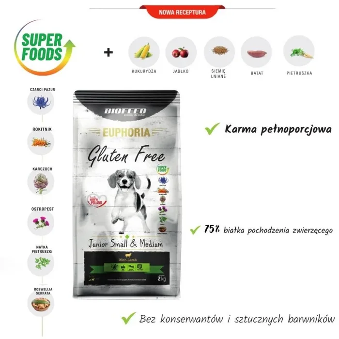 Biofeed euphoria gluten free junior small & medium lamb – alimento seco para perros – 12kg