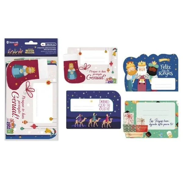 Bismark pack de 4 etiquetas grandes adhesivas para regalos – tematica reyes magos – diseños surtidos – espacio para escribir