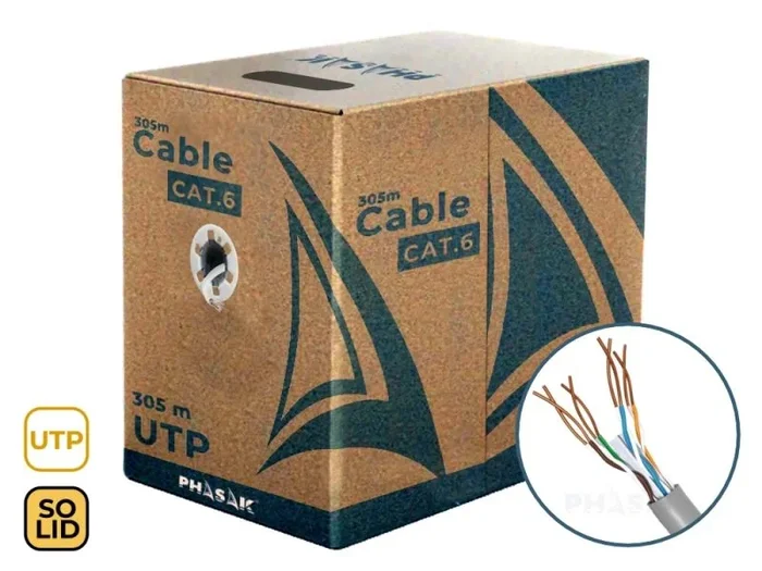 Bobina de Cable de Red PHASAK FTP Cat.6 CCA Sólido LSZH AWG23 305M – PHR 6302, alto rendimiento, certificación LSZH, ideal para redes de alta velocidad
