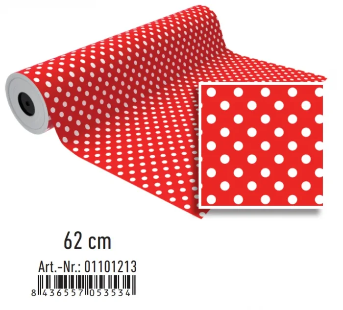 Bobina papel de regalo 62 cm rojo con puntos blancos