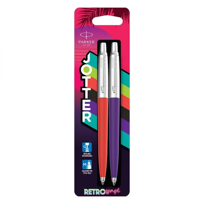Bolígrafos Parker Jotter Originals | Colección Retrowave | Rojo bermellón y morado añil | Tinta azul | Blíster | 2 unidades