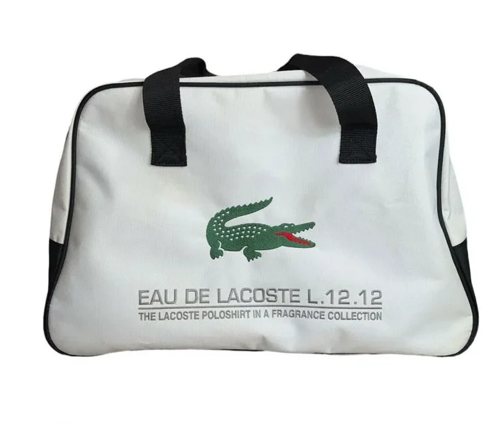 Bolsa Lacoste Eau de Lacoste L.12.12 Canvas Duffel para viaje y gimnasio, color blanco, unisex, 12 x 18.5 x 7 pulgadas, diseño práctico y moderno