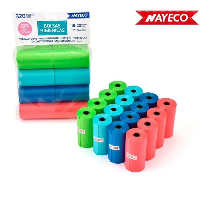 BOLSAS HIGIENICAS CON AROMA TALCO 16 ROLLOS DE 20 BOLSAS