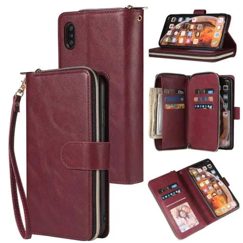 Bolso tipo billetera iPhone Xs Max funda cuero PU tapa horizontal con soporte 9 ranuras tarjetas cordón marco fotos (Rojo Vino)