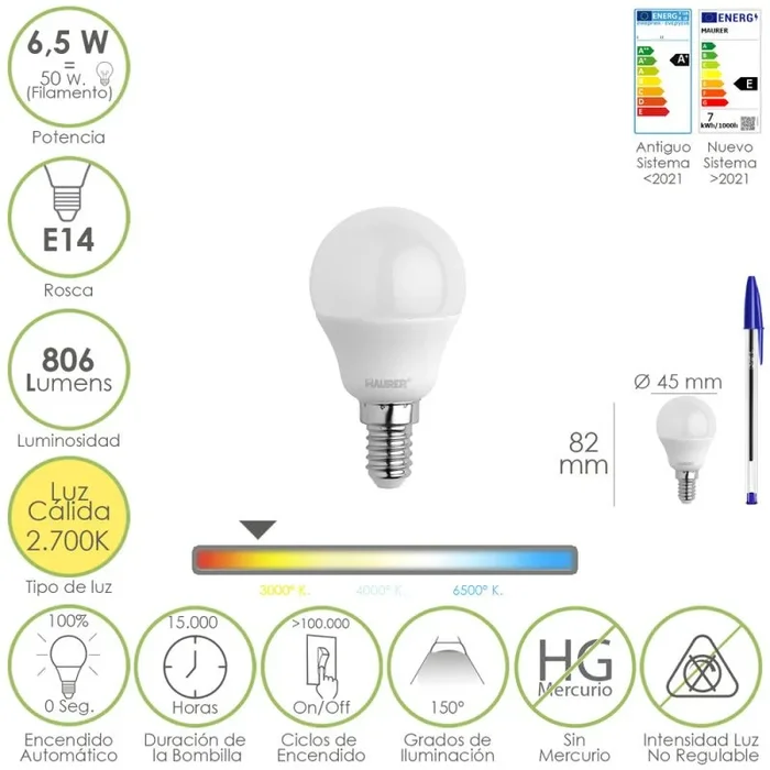 Bombilla led esfera rosca e14. 6.5 watt. equivale a 50 watt. 806 lumenes. luz calida 2700º k.