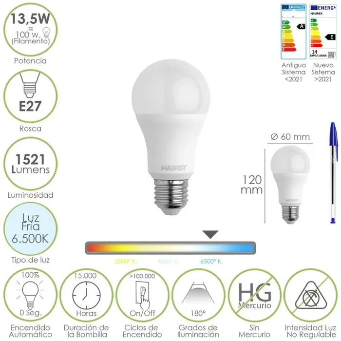 Bombilla led estandar rosca e27. 13,5 watt. equivale a 100 watt. 1521 lumenes. luz fría (6500º k.)