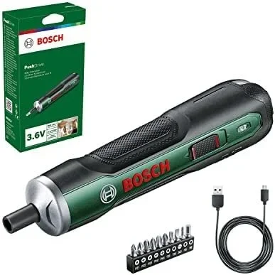 Bosch Home and Garden destornillador a batería PushDrive set de iniciación (3,6 V, 1,5 Ah, 5,0 Nm, 10 brocas, con cable carga micro USB, en caja cartón)
