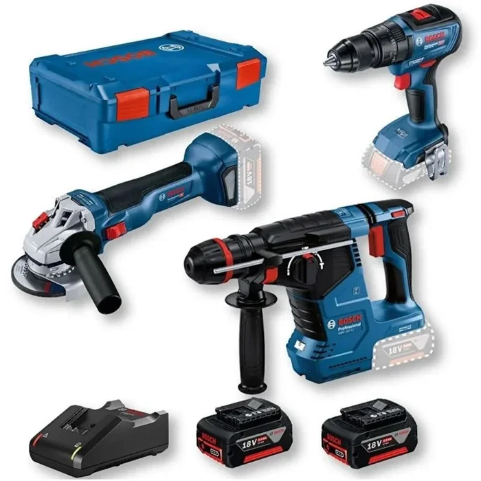 Bosch Zestaw Combo 18V (GSB 18V-50 + GWS 18V-10 + GBH 187-LI), Martillo Percutor, Atornillador y Amoladora Inalámbricos con 2xBaterías 5.0Ah + XL-Boxx